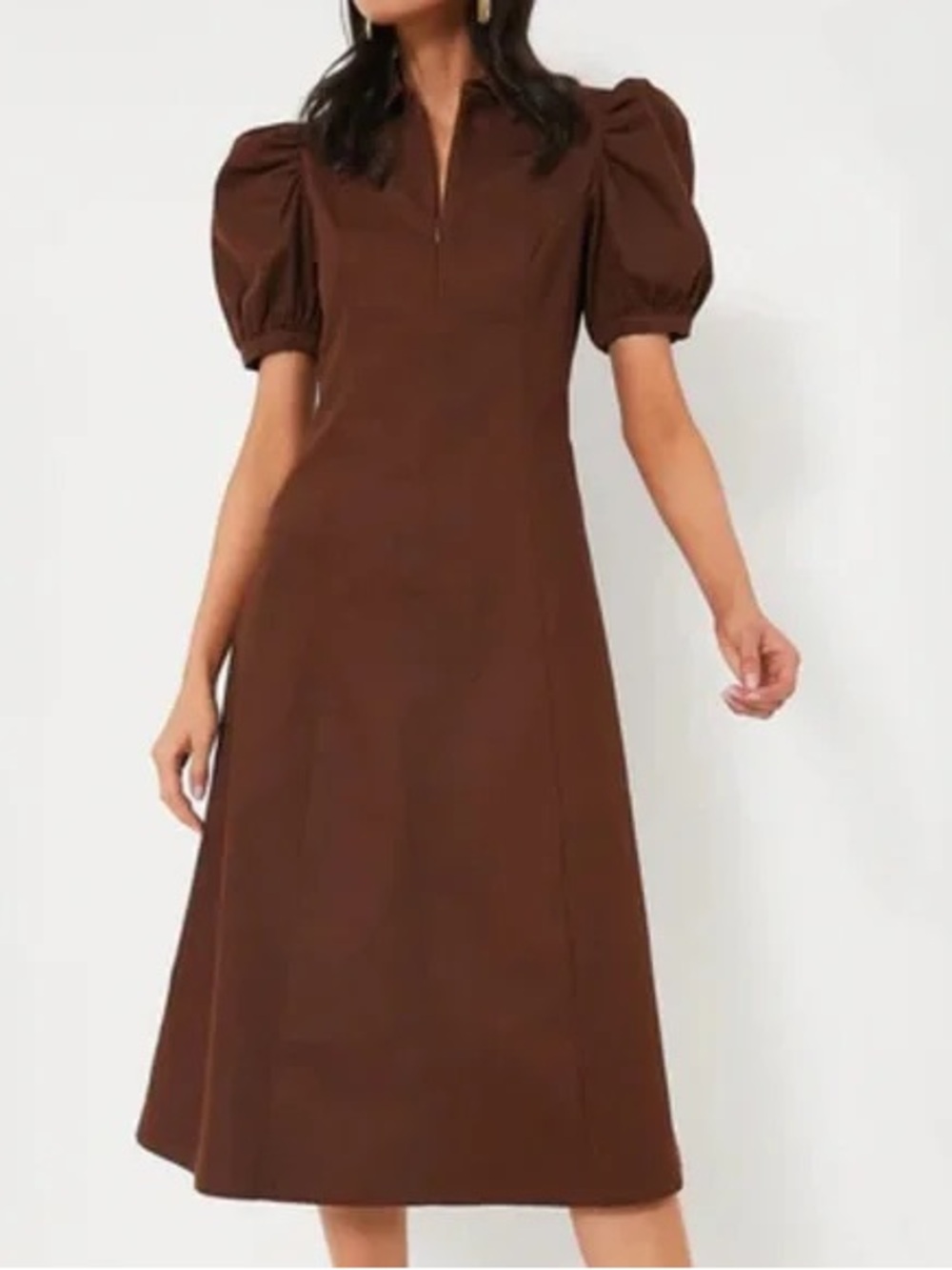Tuckernuck Hyacinth House XL Brown Puff Sleeve Front Zip Stretch Denim Midi Dres